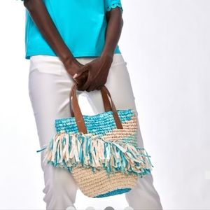 NWT: Chico's Turquoise and Beige straw Tote Bag, STUNNING colors!!